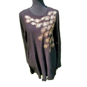Long Sleeve Black Top with Peacock Feathers NWT